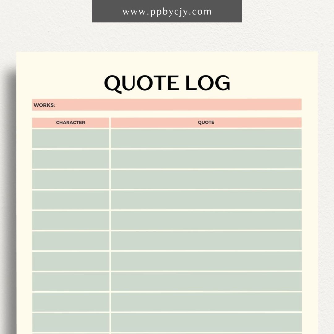 Quote Log Printable Template – Digital download for recording and organizing inspirational quotes and references