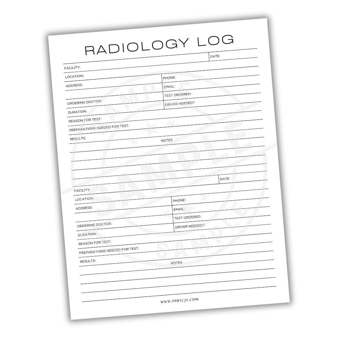 Radiology log sheet with columns for facility, location, address, phone, email, etc.