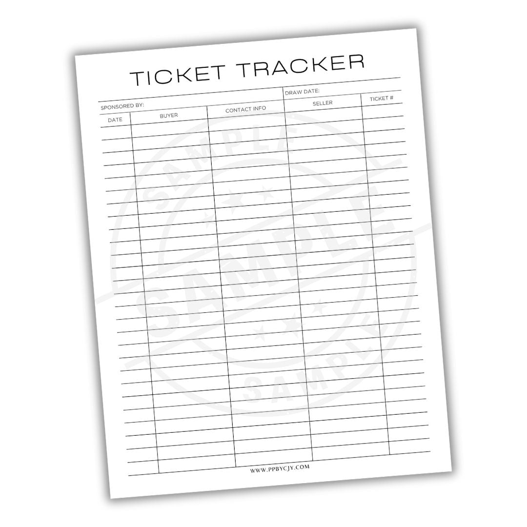 Ticket tracker sheet with columns for date, issuer, contact info, order date, item name, and ticket number.