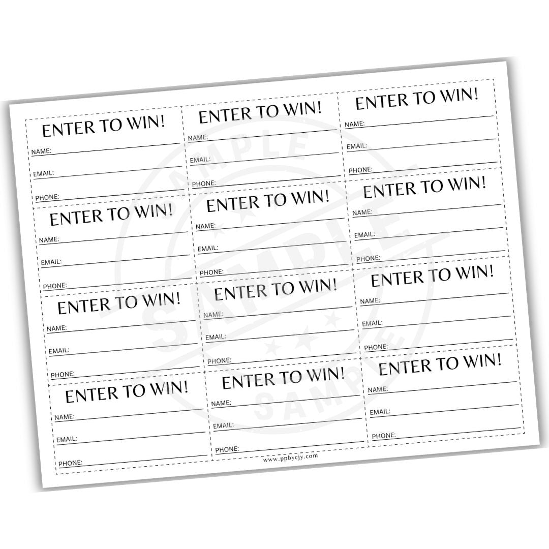 Sheet of 'Enter to Win!' entry forms on a white background