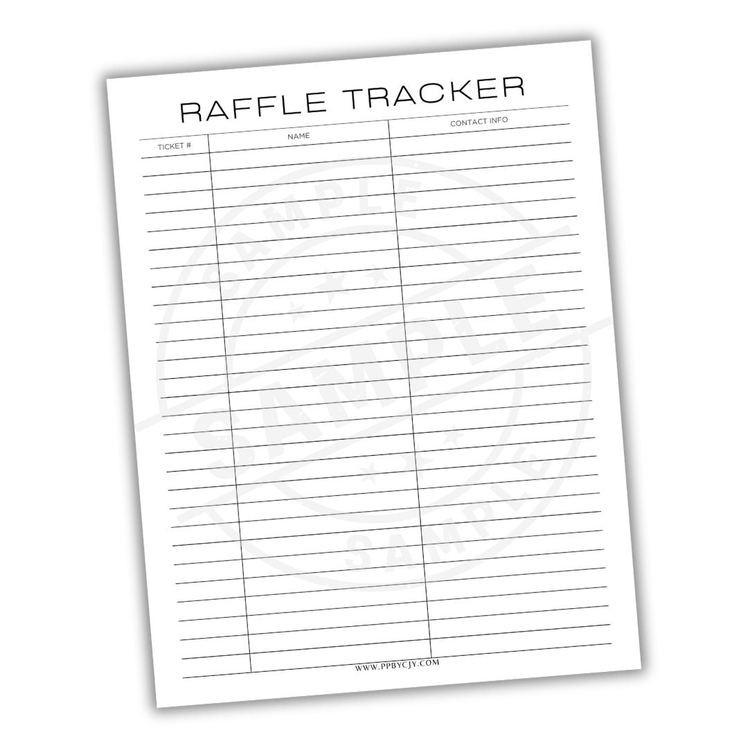 Raffle tracker sheet with columns for name, contact info, and numbers on a white background.