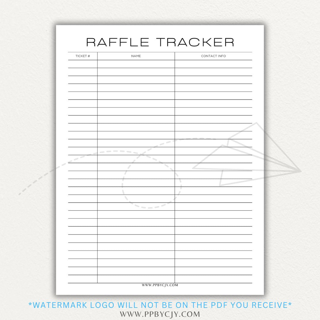 Raffle Ticket Tracker Printable PDF Template with sections for ticket numbers, participant names, and payment tracking for fundraisers and charity events.

