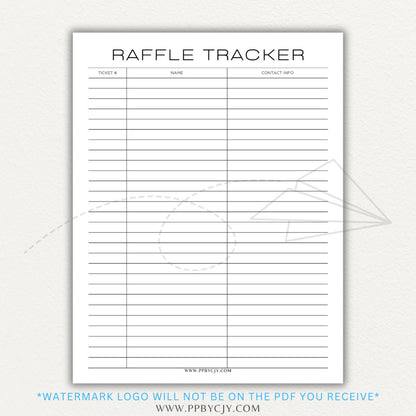 Raffle Ticket Tracker Printable PDF Template with sections for ticket numbers, participant names, and payment tracking for fundraisers and charity events.

