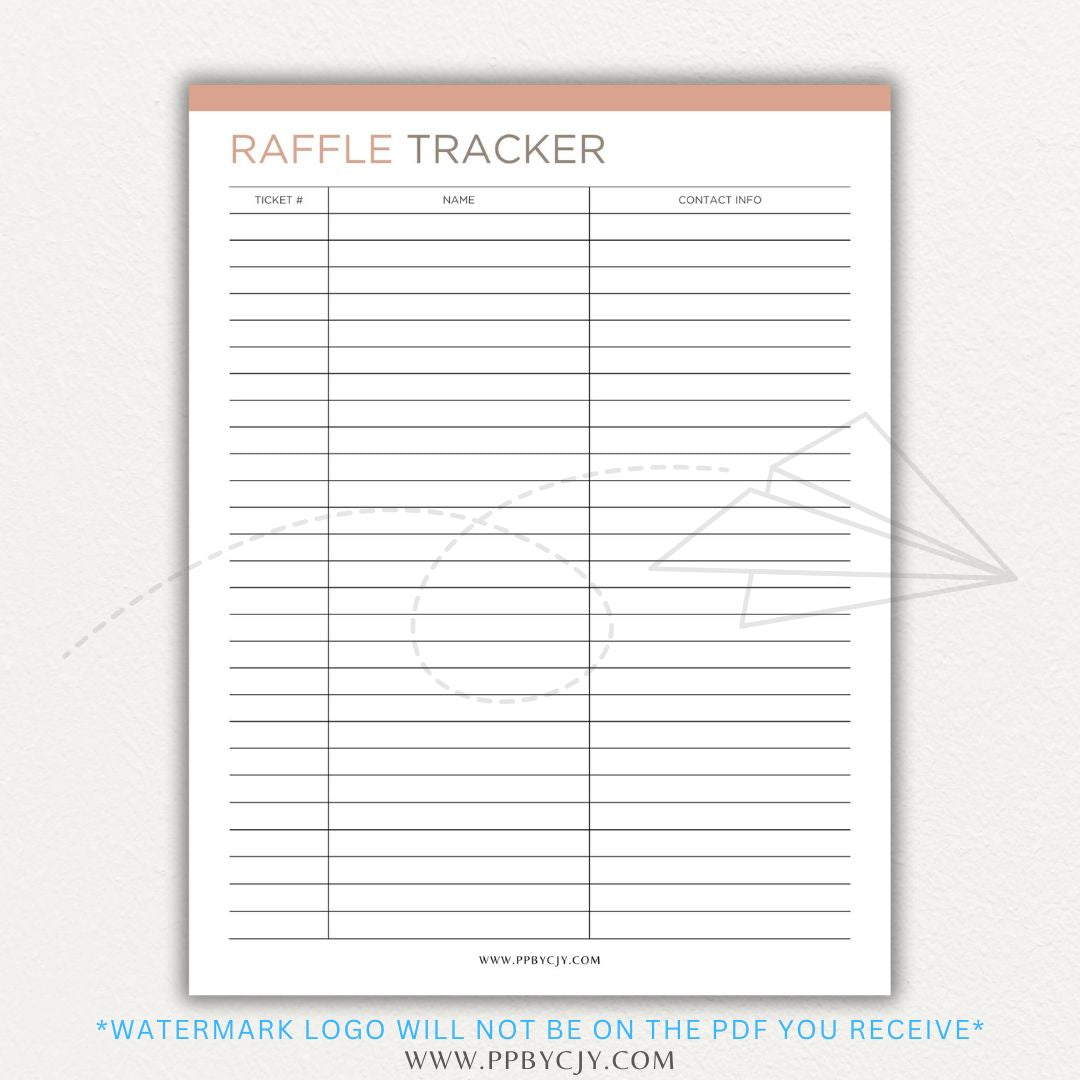 Raffle Ticket Tracker Printable PDF Template with sections for ticket numbers, participant names, and payment tracking for fundraisers and charity events.

