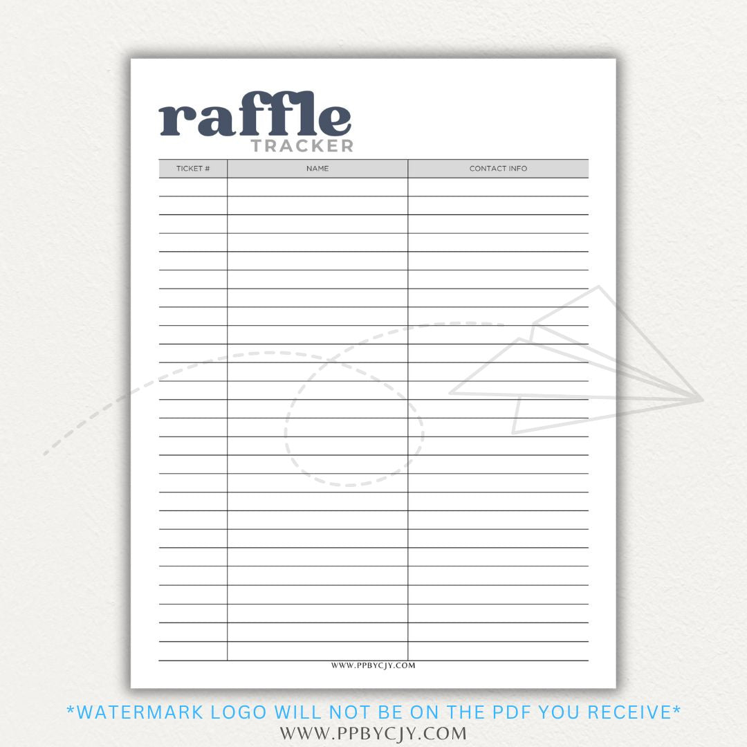 Raffle Ticket Tracker Printable PDF Template with sections for ticket numbers, participant names, and payment tracking for fundraisers and charity events.

