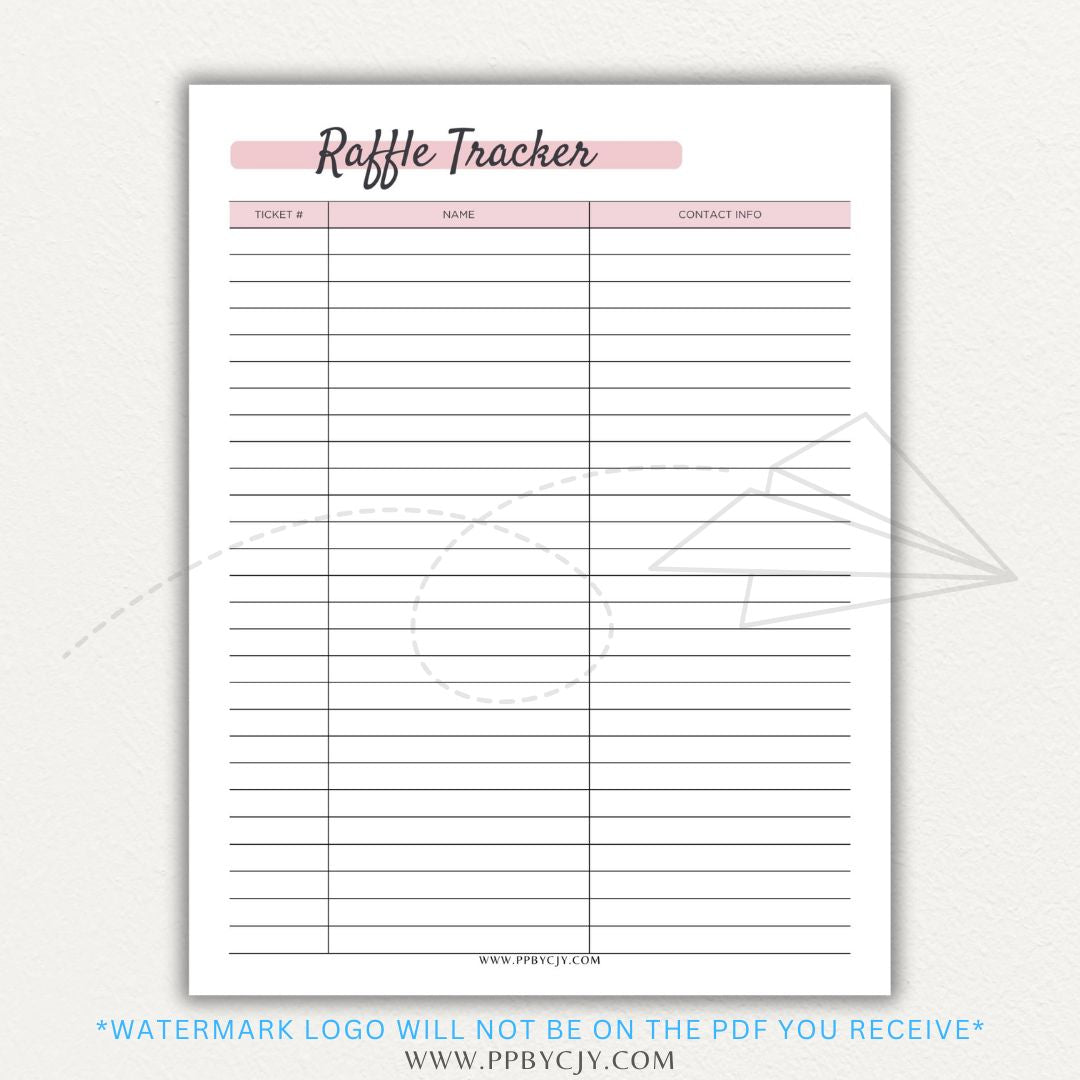 Raffle Ticket Tracker Printable PDF Template with sections for ticket numbers, participant names, and payment tracking for fundraisers and charity events.

