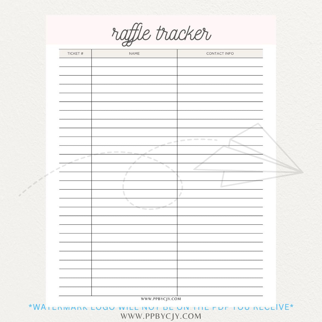 Raffle Ticket Tracker Printable PDF Template with sections for ticket numbers, participant names, and payment tracking for fundraisers and charity events.

