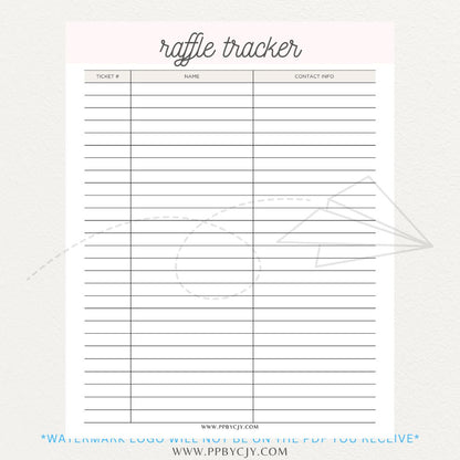 Raffle Ticket Tracker Printable PDF Template with sections for ticket numbers, participant names, and payment tracking for fundraisers and charity events.

