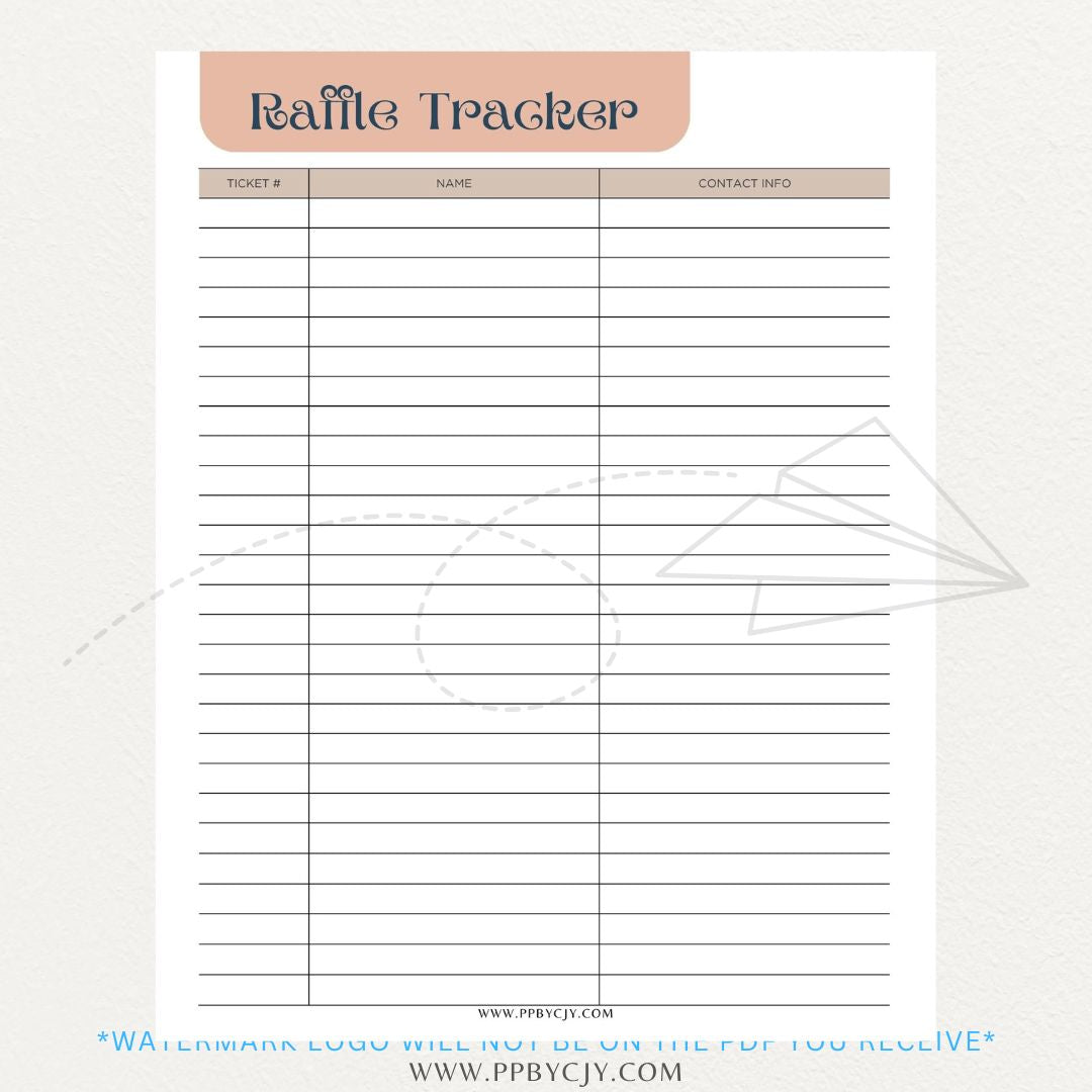 Raffle Ticket Tracker Printable PDF Template with sections for ticket numbers, participant names, and payment tracking for fundraisers and charity events.

