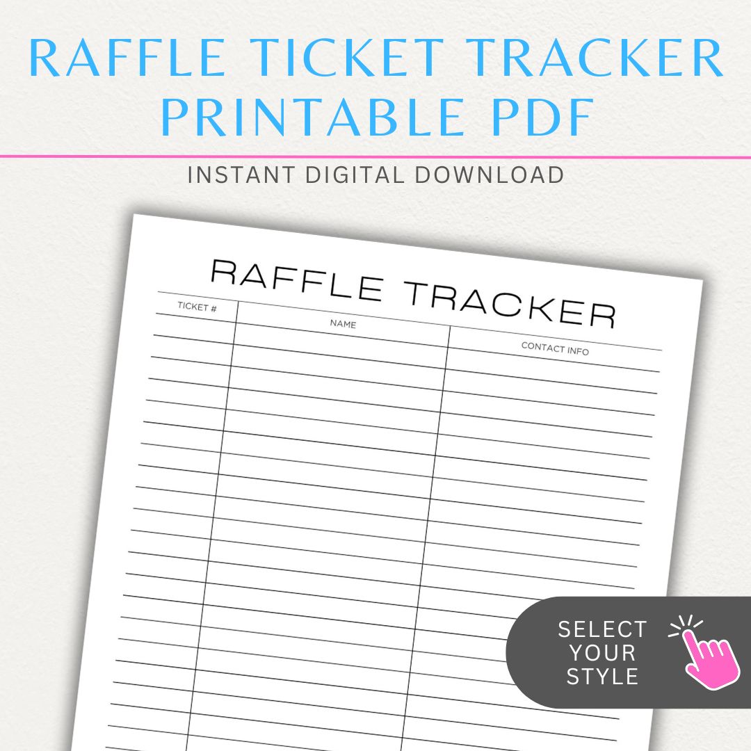 Raffle Ticket Tracker Printable PDF Template with sections for ticket numbers, participant names, and payment tracking for fundraisers and charity events.

