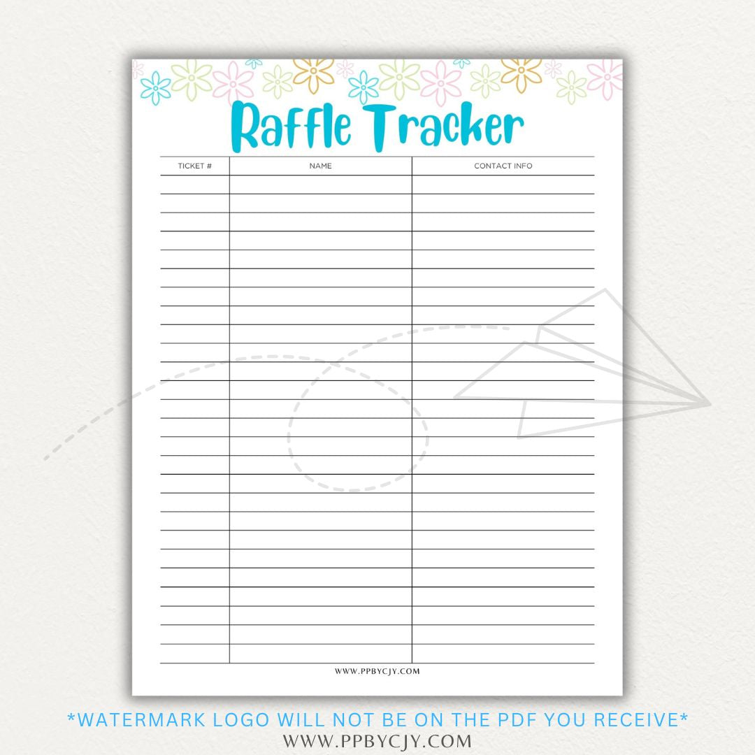 Raffle Ticket Tracker Printable PDF Template with sections for ticket numbers, participant names, and payment tracking for fundraisers and charity events.

