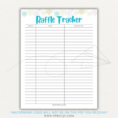 Raffle Ticket Tracker Printable PDF Template with sections for ticket numbers, participant names, and payment tracking for fundraisers and charity events.

