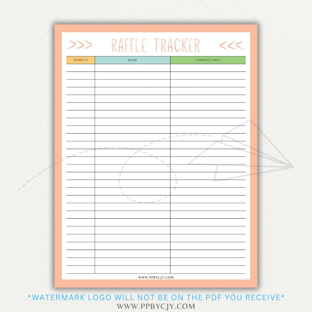 Raffle Ticket Tracker Printable PDF Template with sections for ticket numbers, participant names, and payment tracking for fundraisers and charity events.

