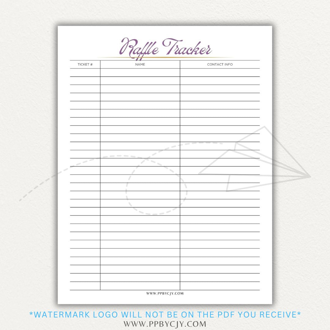 Raffle Ticket Tracker Printable PDF Template with sections for ticket numbers, participant names, and payment tracking for fundraisers and charity events.

