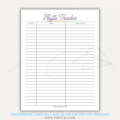 Raffle Ticket Tracker Printable PDF Template with sections for ticket numbers, participant names, and payment tracking for fundraisers and charity events.

