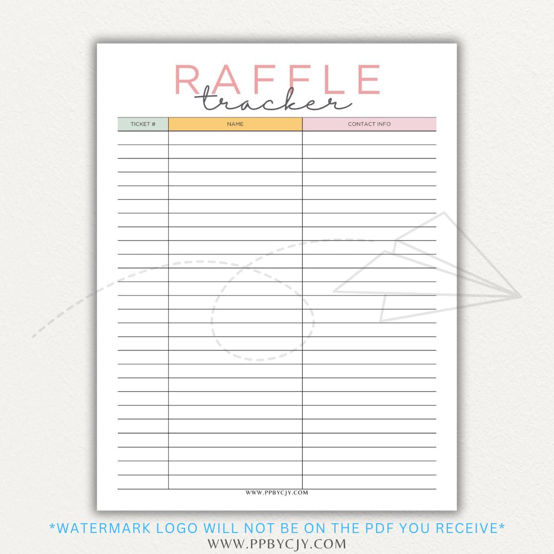 Raffle Ticket Tracker Printable PDF Template with sections for ticket numbers, participant names, and payment tracking for fundraisers and charity events.

