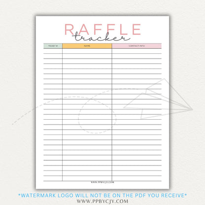 Raffle Ticket Tracker Printable PDF Template with sections for ticket numbers, participant names, and payment tracking for fundraisers and charity events.

