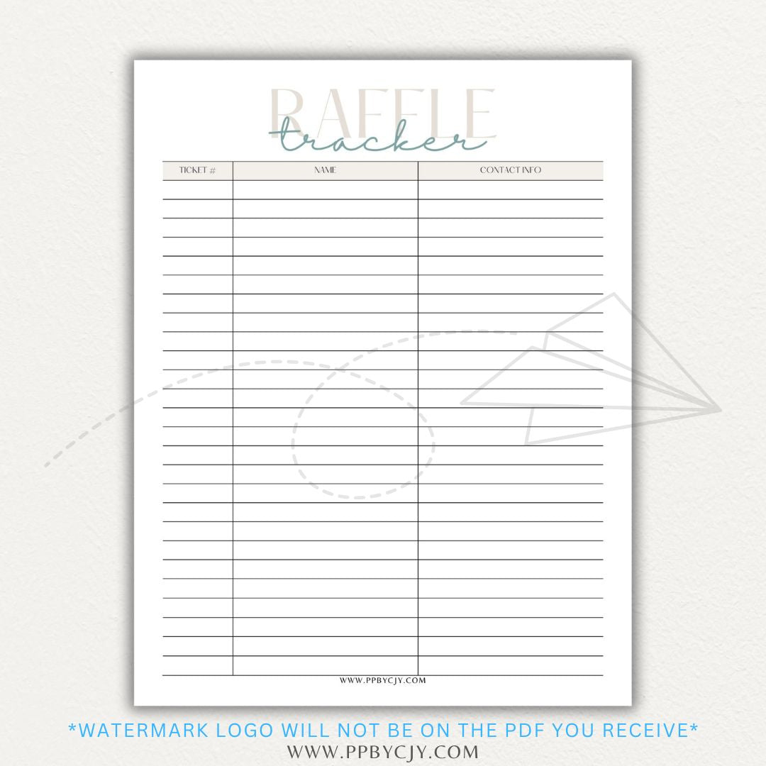 Raffle Ticket Tracker Printable PDF Template with sections for ticket numbers, participant names, and payment tracking for fundraisers and charity events.

