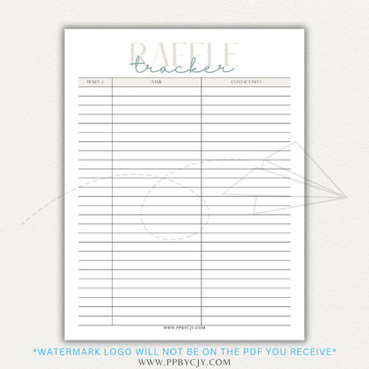 Raffle Ticket Tracker Printable PDF Template with sections for ticket numbers, participant names, and payment tracking for fundraisers and charity events.

