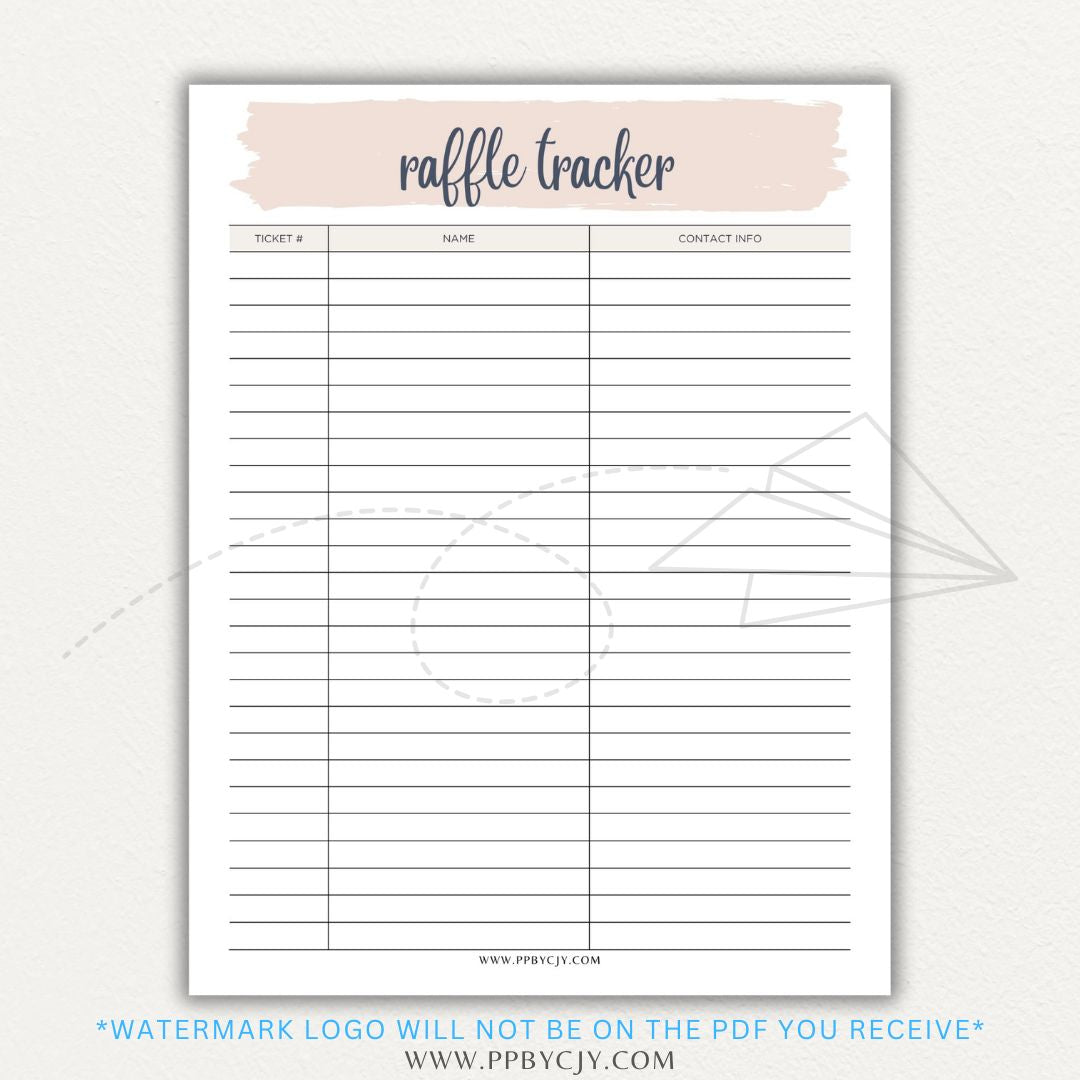 Raffle Ticket Tracker Printable PDF Template with sections for ticket numbers, participant names, and payment tracking for fundraisers and charity events.

