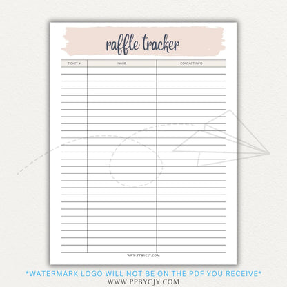 Raffle Ticket Tracker Printable PDF Template with sections for ticket numbers, participant names, and payment tracking for fundraisers and charity events.

