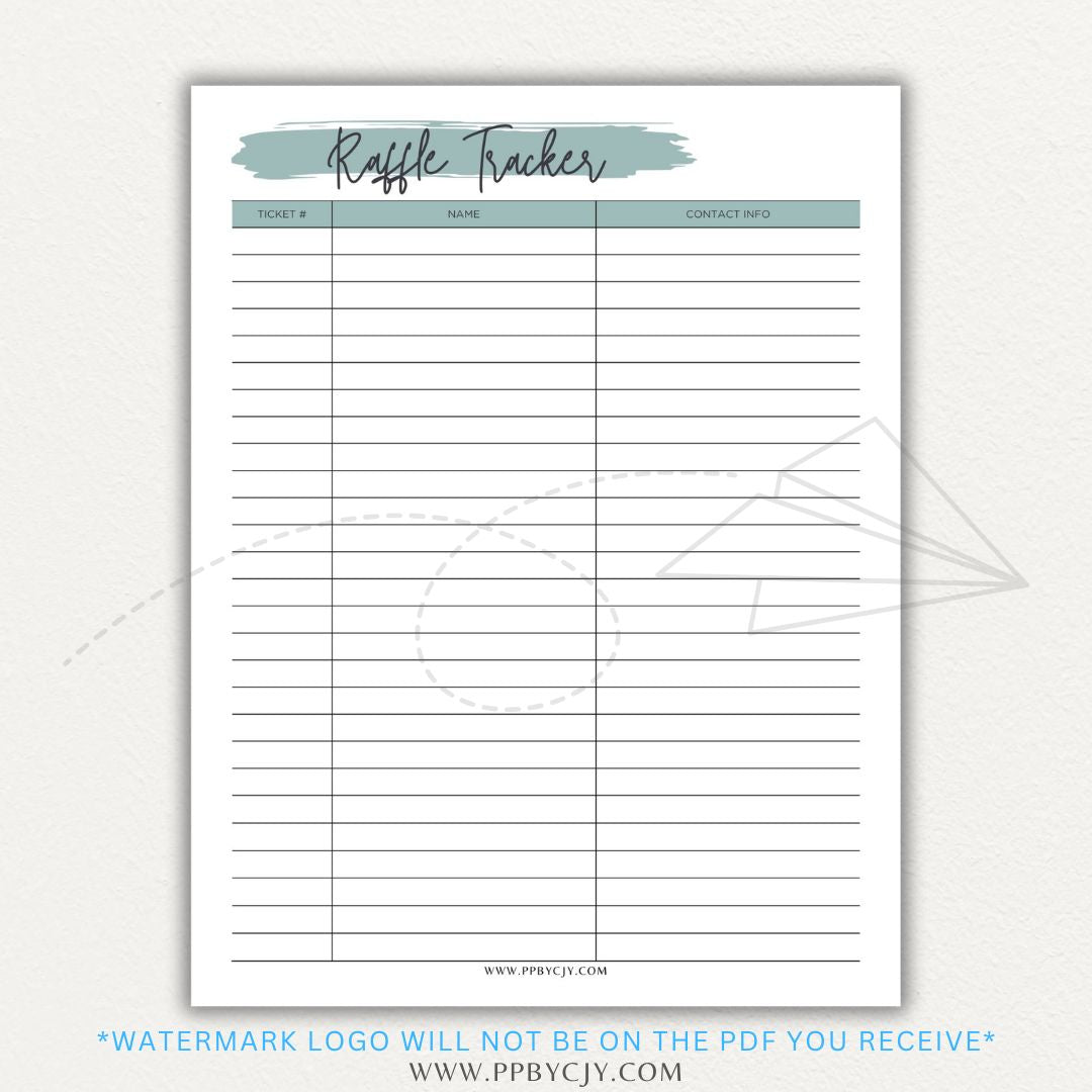 Raffle Ticket Tracker Printable PDF Template with sections for ticket numbers, participant names, and payment tracking for fundraisers and charity events.

