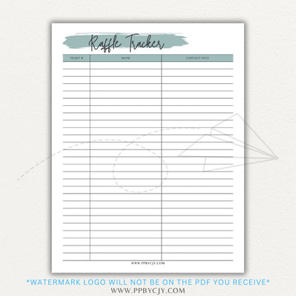 Raffle Ticket Tracker Printable PDF Template with sections for ticket numbers, participant names, and payment tracking for fundraisers and charity events.

