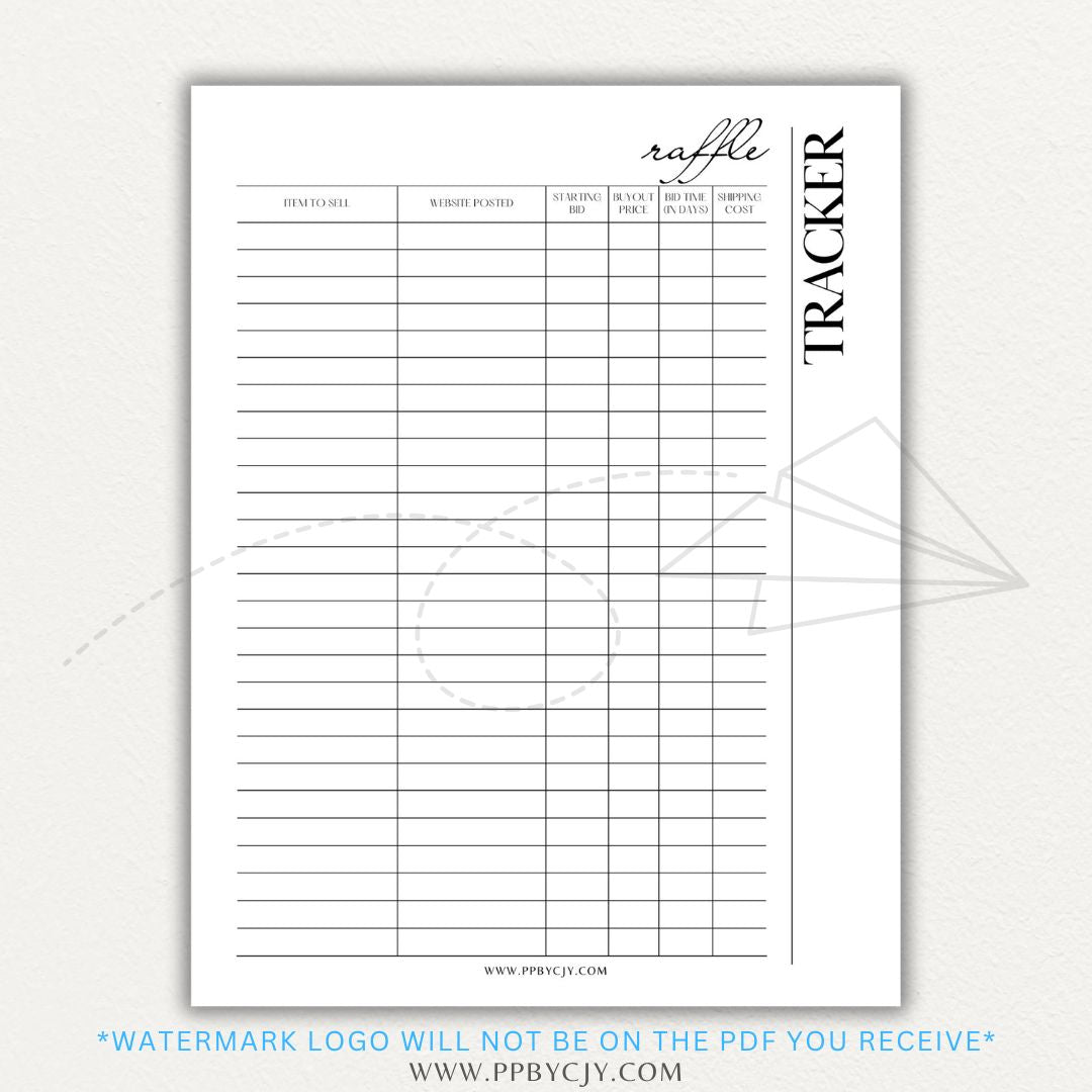 Raffle Ticket Tracker Printable PDF Template with sections for ticket numbers, participant names, and payment tracking for fundraisers and charity events.

