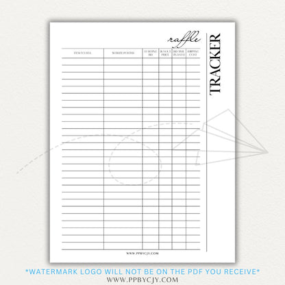 Raffle Ticket Tracker Printable PDF Template with sections for ticket numbers, participant names, and payment tracking for fundraisers and charity events.

