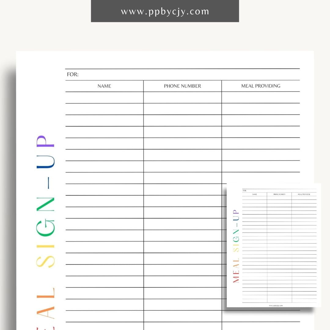 Meal Train Sign-Up Printable Template – Digital download for organizing and coordinating meal deliveries for someone in need.