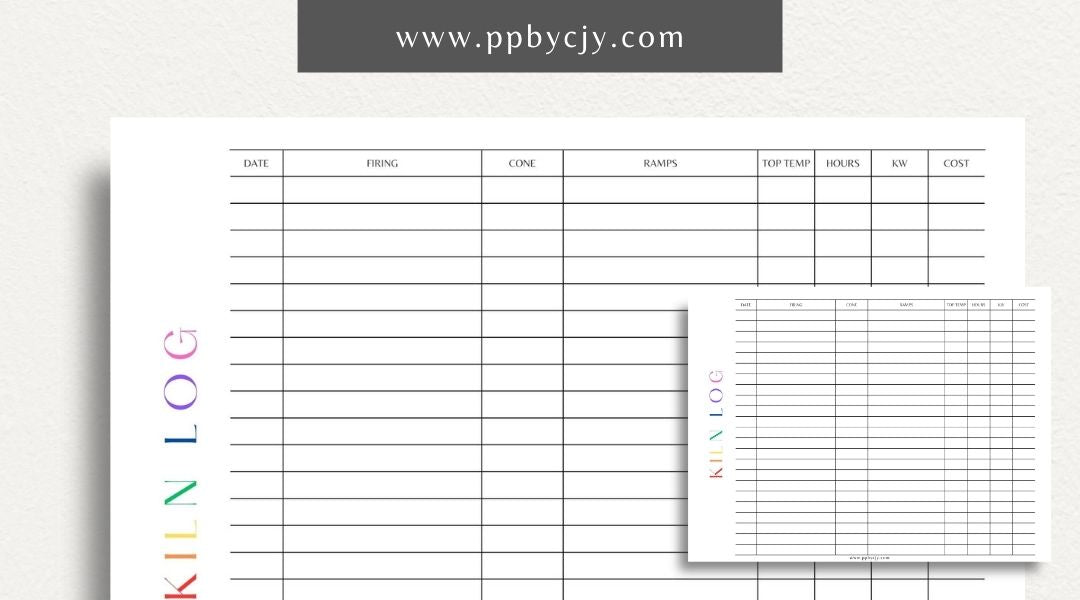 Kiln Log Printable Template – Digital download for tracking ceramic kiln operations, including firing schedules, temperatures, and kiln performance