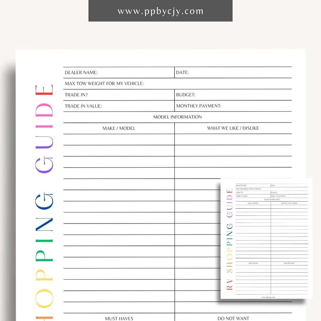 RV Shopping Guide Printable Template – Digital download for planning and organizing your RV purchase or upgrade, including features, checklists, and comparisons