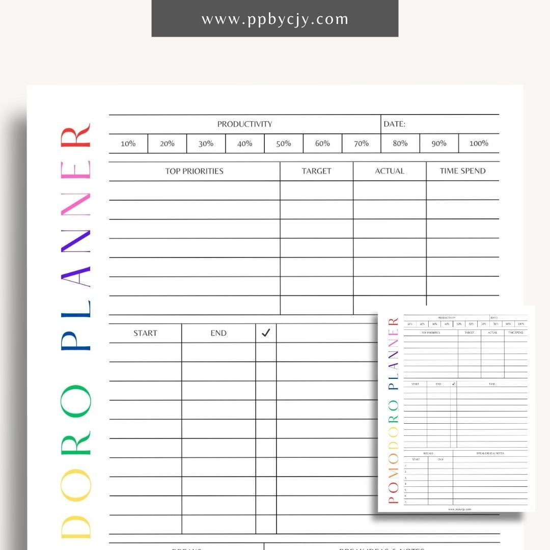 Pomodoro Planner Printable Template – Digital download for time management, productivity tracking, and focus improvement using the Pomodoro Technique.