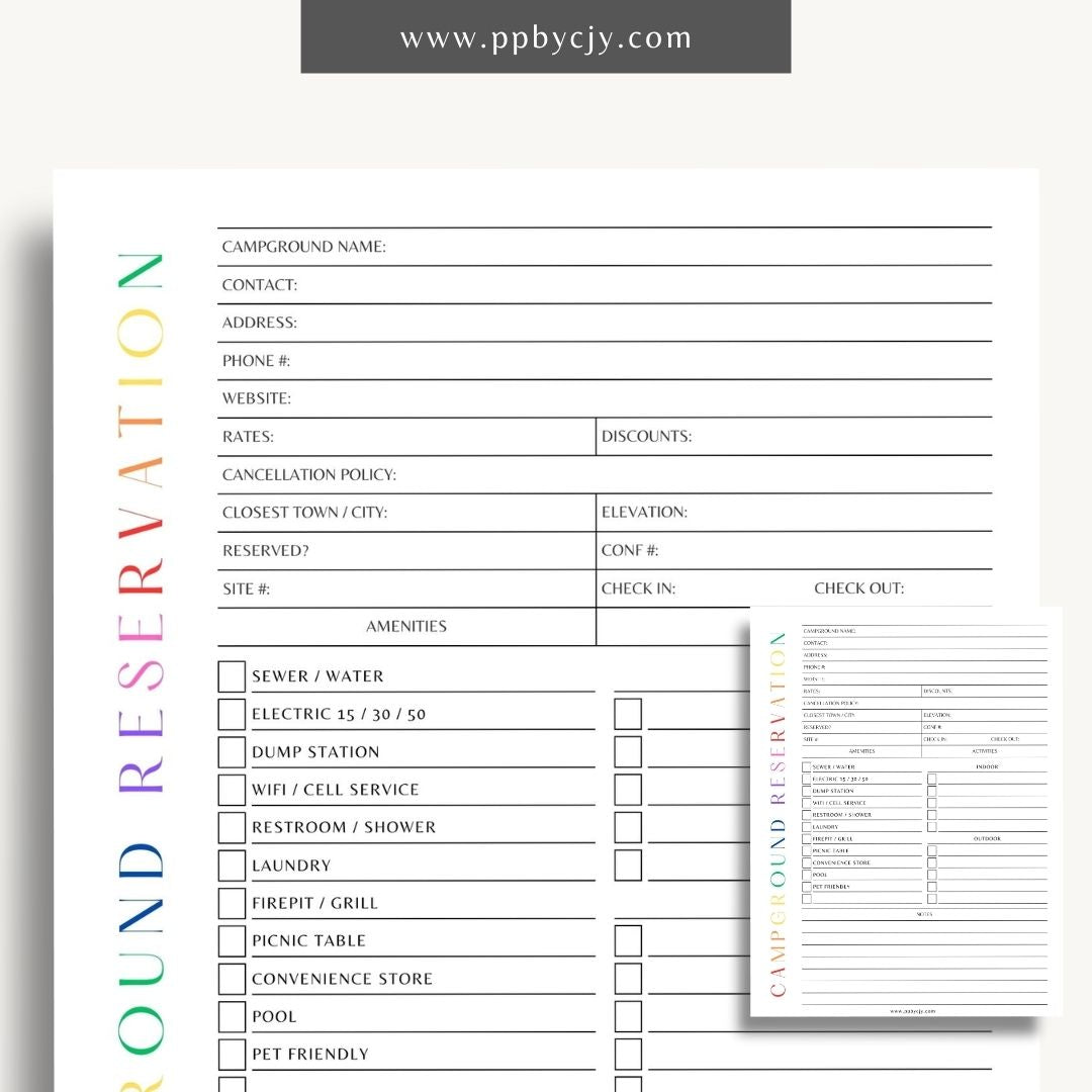 Campground Reservation Sheet Printable Template – Digital Download for Organizing and Managing Campground Reservations