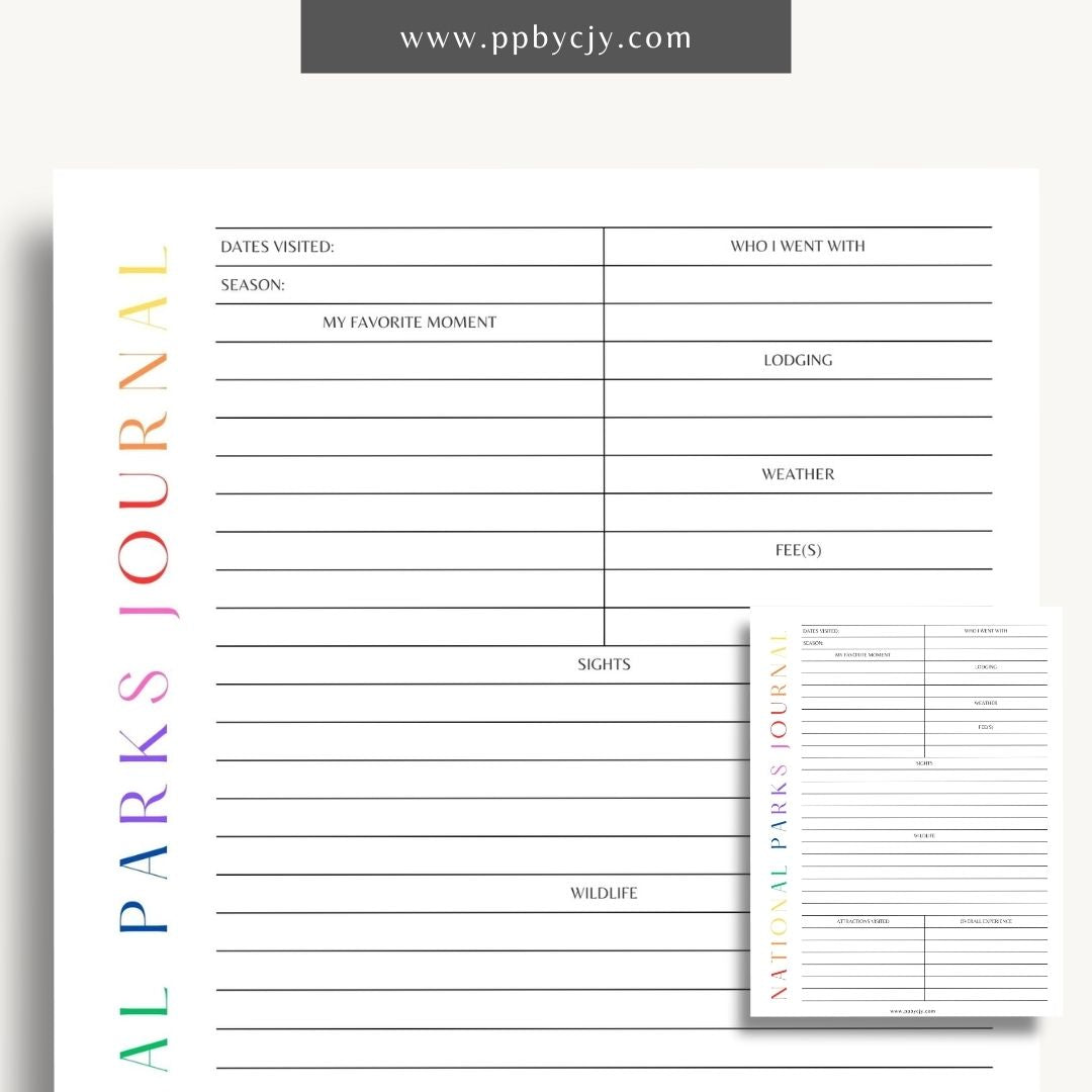 National Park Journal Printable Template – Digital download for tracking national park visits, hikes, wildlife, and more.