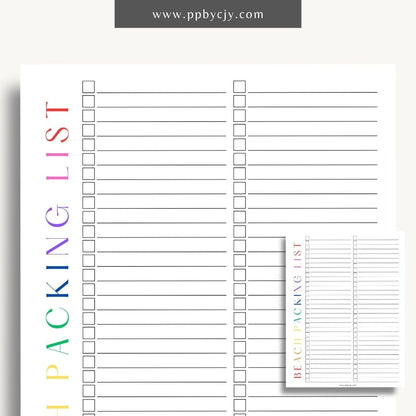 Beach Packing List Printable Template – Digital Download for Organizing and Packing for a Beach Trip