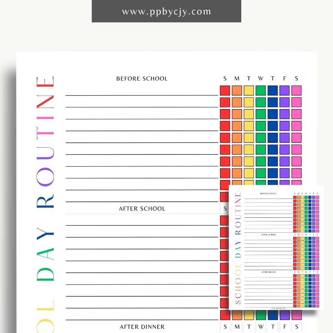 School Day Routine Tracker Printable Template – Digital download for managing school schedules, homework, and daily routines.