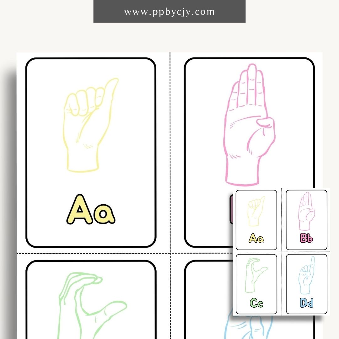 ASL Alphabet Flashcards Printable – 4 per page, print and cut, sign language learning tool, digital download.