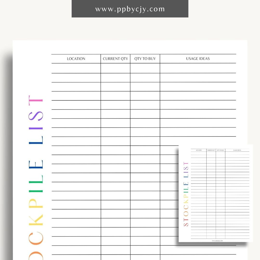 Stockpile List Printable Template – Digital download for tracking and organizing emergency supplies, food, water, and essentials inventory