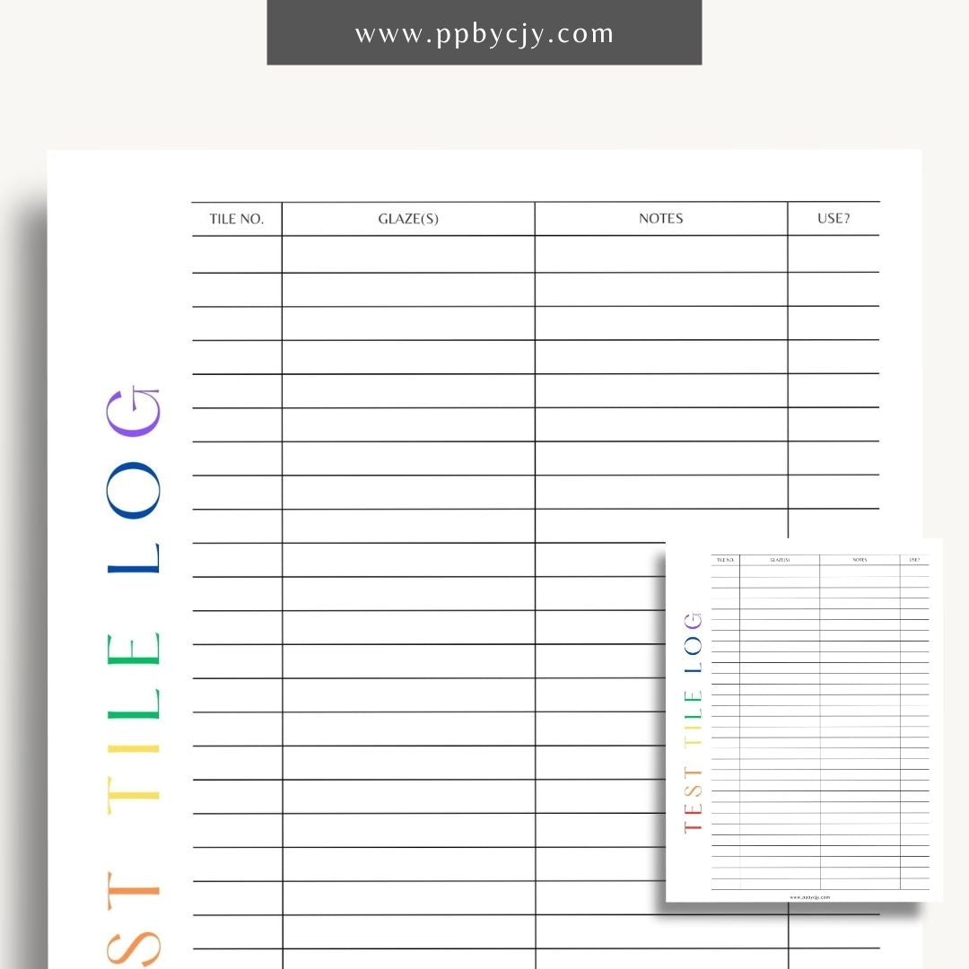 Pottery Test Tile Log Printable Template – Digital download for documenting and tracking ceramic glaze tests, including glaze types, temperatures, and observations