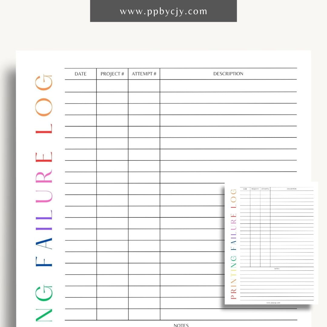 3D Printer Failure Log Printable Template – Digital download for documenting and tracking 3D printer errors, troubleshooting steps, and failure incidents