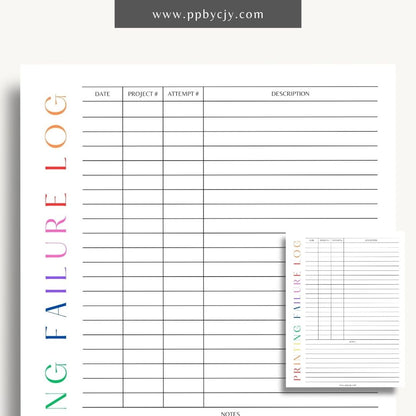 3D Printer Failure Log Printable Template – Digital download for documenting and tracking 3D printer errors, troubleshooting steps, and failure incidents