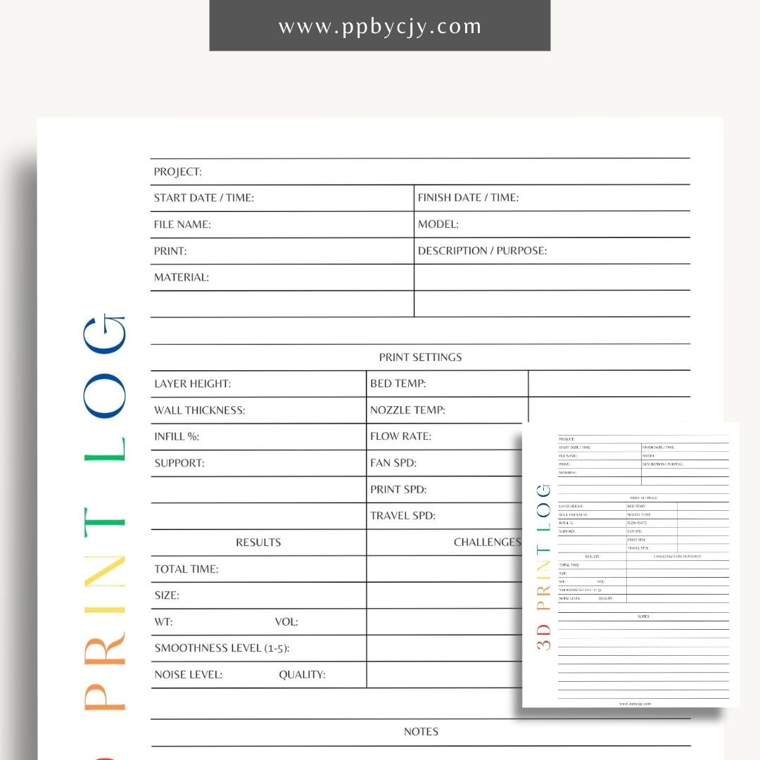 3D Print Log Printable Template – Digital Download for Tracking 3D Printing Projects and Details