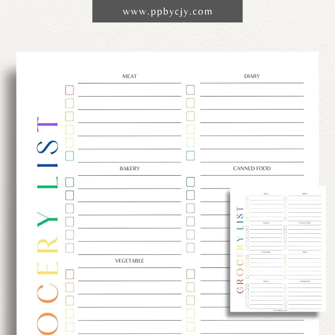 Food Grocery List Printable Template – Digital download for organizing and planning your grocery shopping.