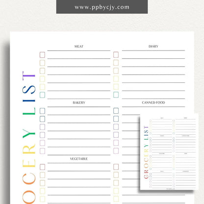 Food Grocery List Printable Template – Digital download for organizing and planning your grocery shopping.