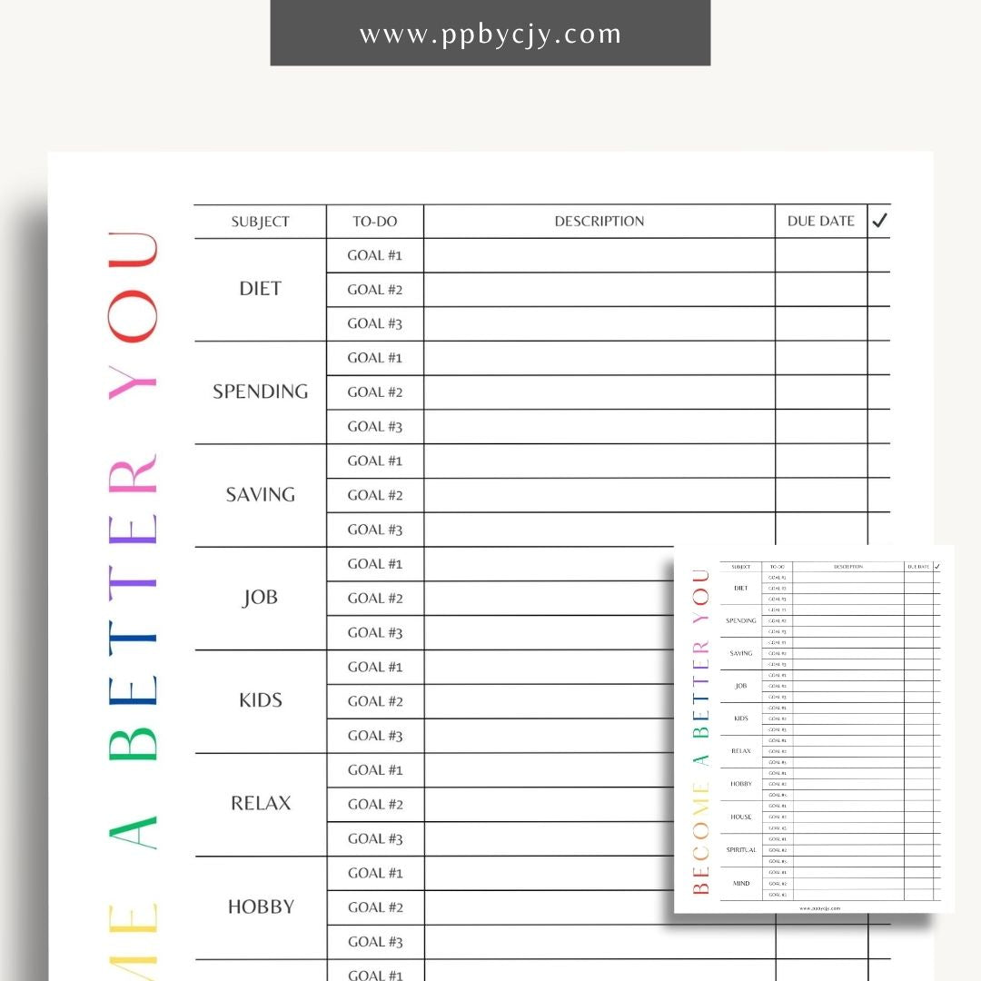 Become a Better You Worksheet Printable Template – Digital download for personal development and self-improvement tracking.