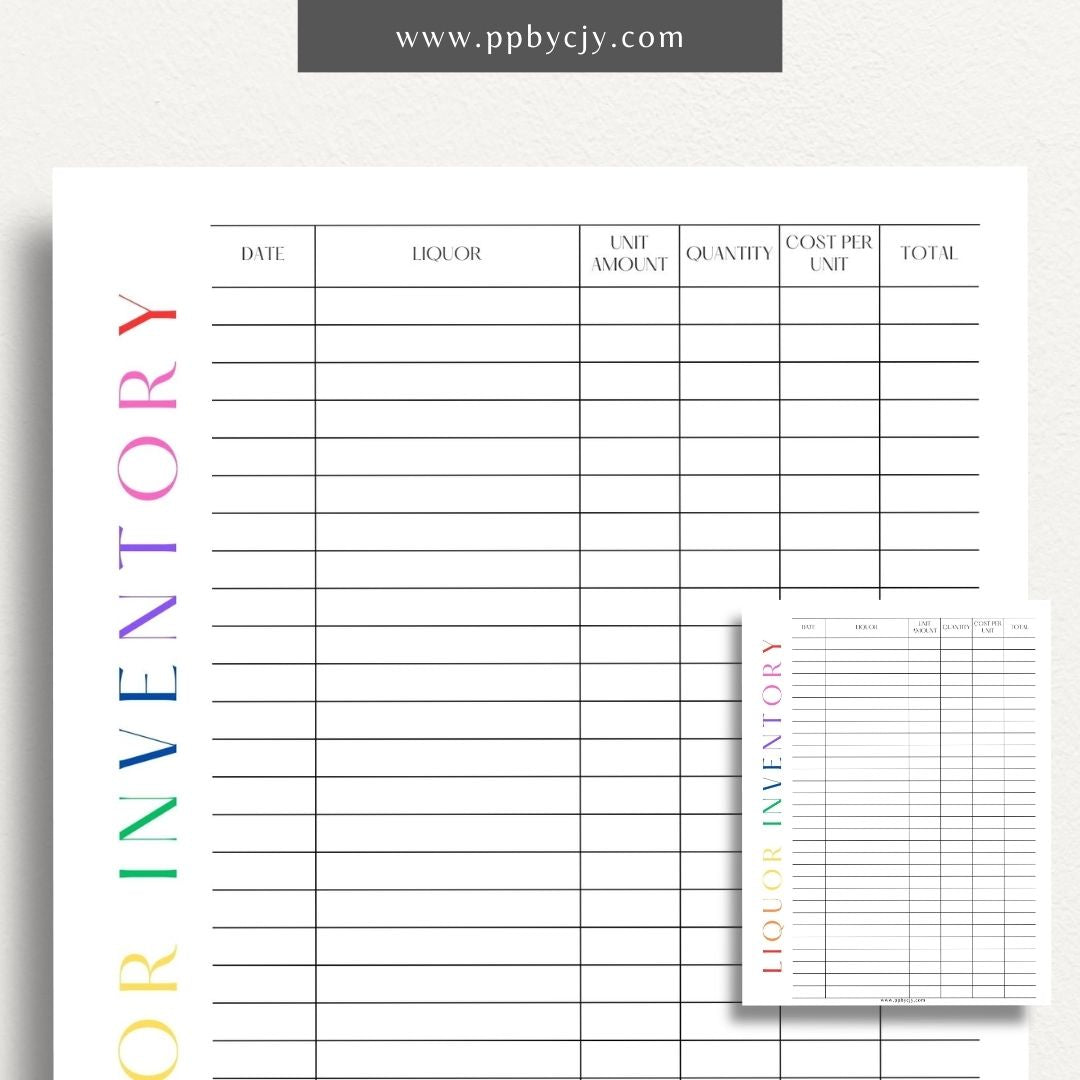 Liquor Inventory Printable Template – Digital download for organizing and managing your collection of liquor, including quantities, types, and locations.