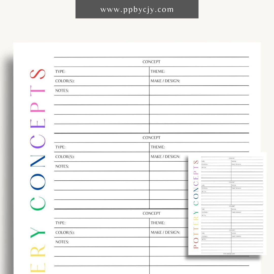 Pottery Concepts Printable Template – Digital download for planning and organizing ceramic design ideas, including sections for sketches, materials, and project tracking