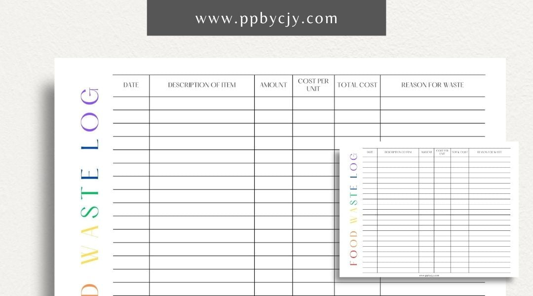 Restaurant Waste Log Printable Template – Digital download for tracking and managing waste in a restaurant, including types, quantities, and reasons for disposal