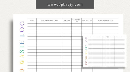 Restaurant Waste Log Printable Template – Digital download for tracking and managing waste in a restaurant, including types, quantities, and reasons for disposal